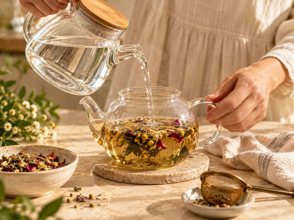 Woman pouring hot water into a glass teapot of loose-leaf herbal tea with chamomile and rose petals