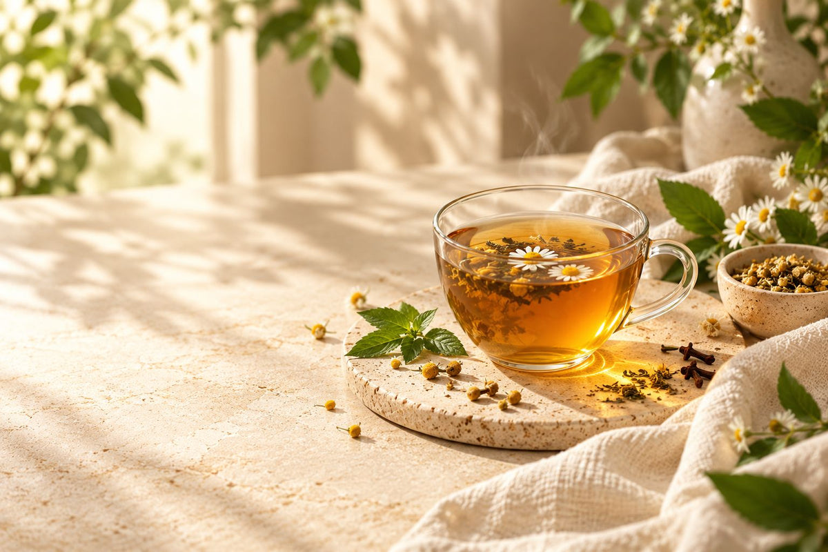 Glass cup of golden herbal tea with a floating chamomile flower on a cream stone tray in soft morning light
