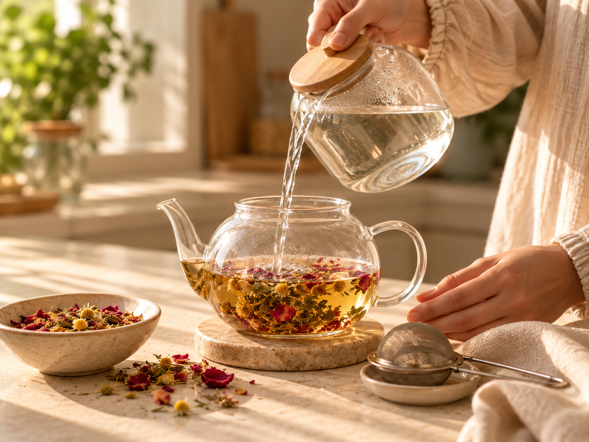 A sunlit herbal tea ritual, a quiet moment of everyday self-care with a warm cup of tea