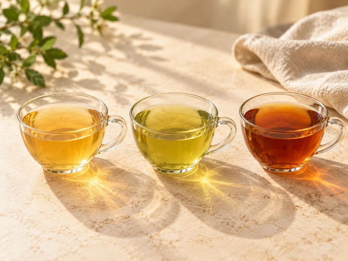Three glasses of caffeine-free herbal tea in warm sunlight