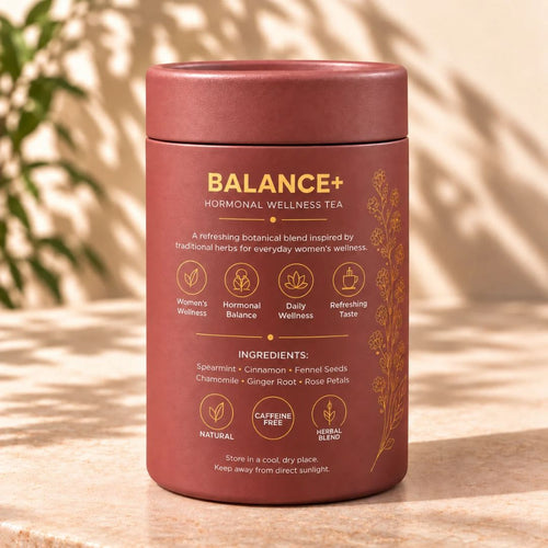 Back label of the BALANCE+ hormonal wellness tea jar with ingredients and brewing details