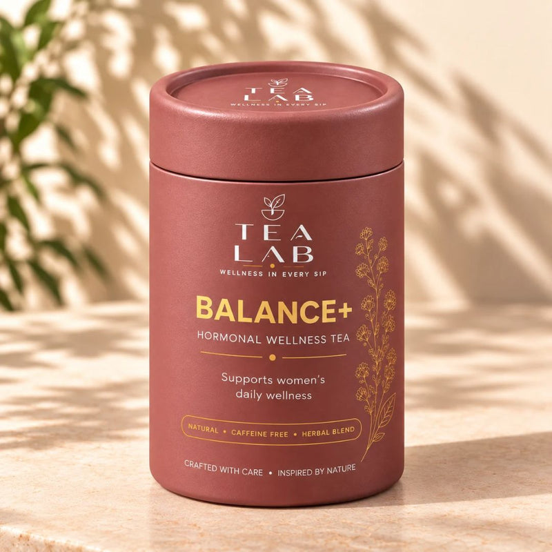 BALANCE+ hormonal wellness herbal tea jar by Tea Lab Pakistan, front view