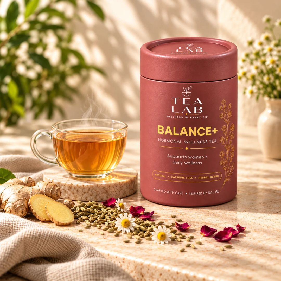 Cup of BALANCE+ spearmint herbal tea as part of a women's daily hormonal wellness ritual