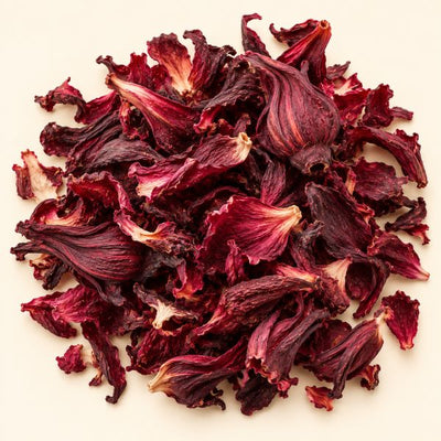 Dried hibiscus flowers used in Tea Lab herbal teas