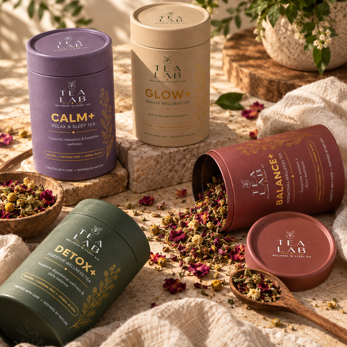Earthy styled Tea Lab wellness tea collection