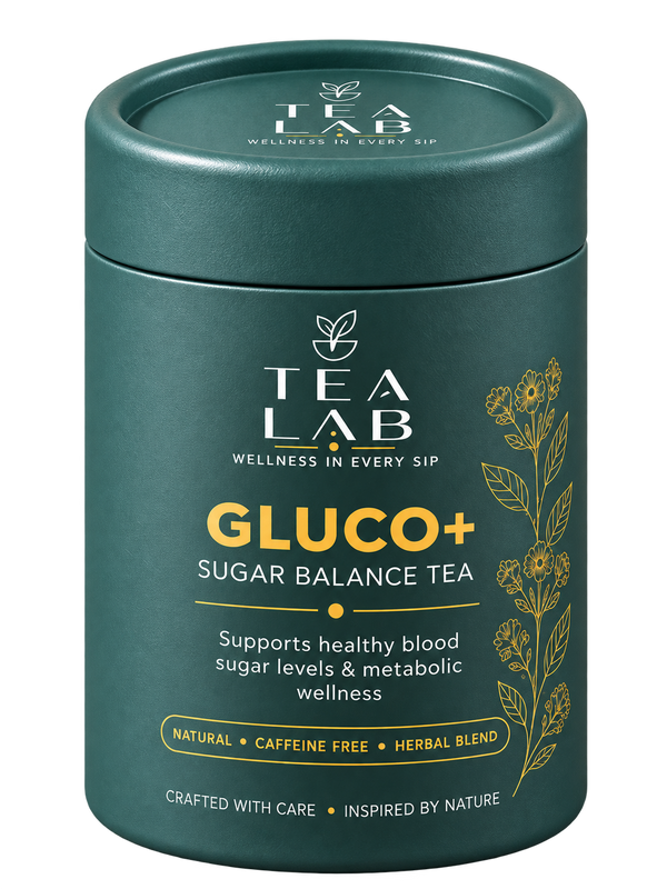 GLUCO+ botanical wellness tea canister in teal