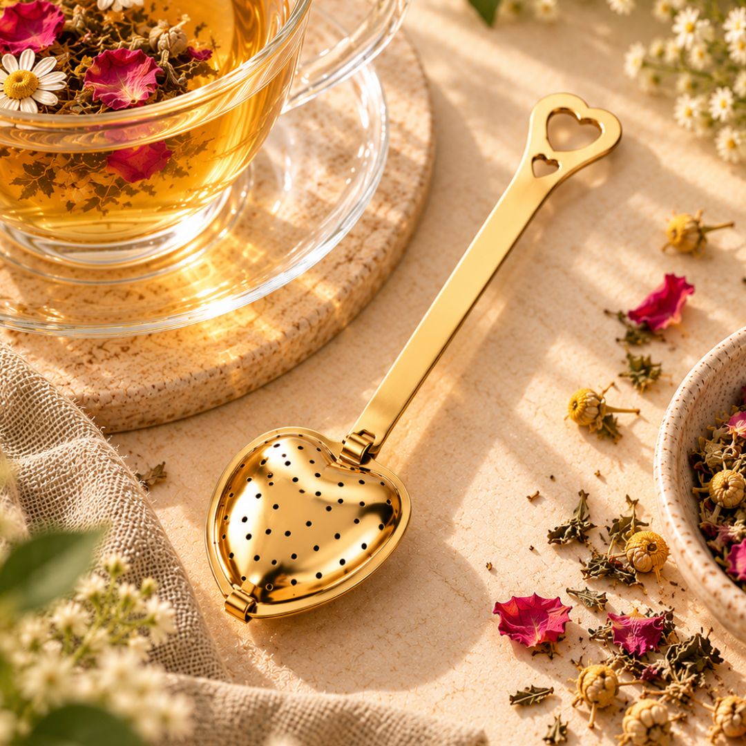 Golden heart-shaped stainless steel tea infuser by TEA LAB