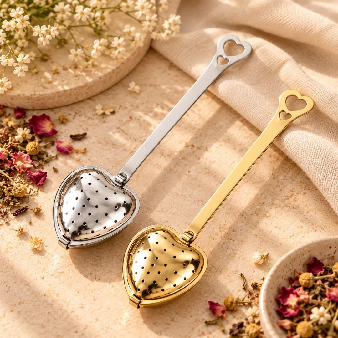 Close-up of a stainless steel heart-shaped tea infuser