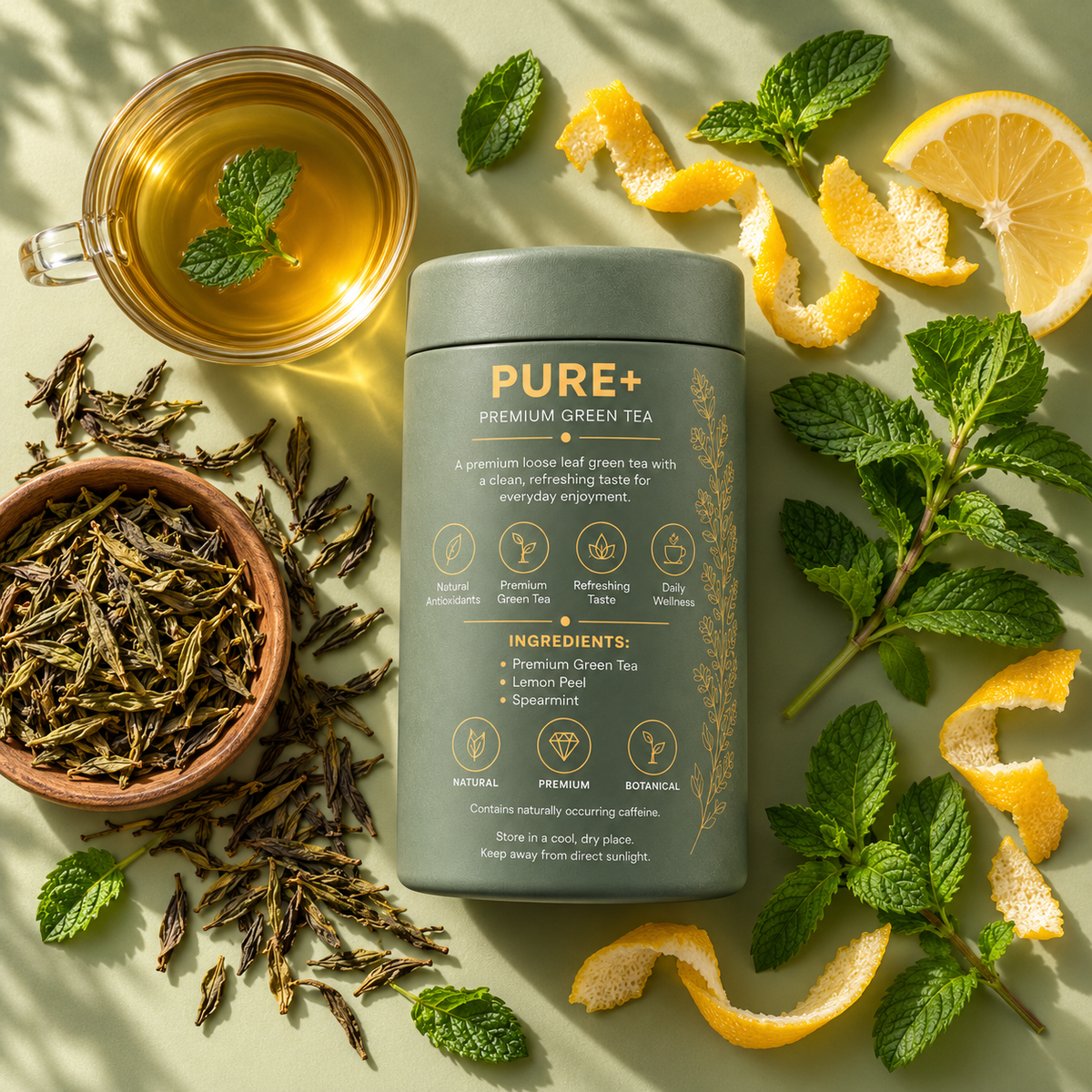 Premium green tea flat lay by Tea Lab Pakistan