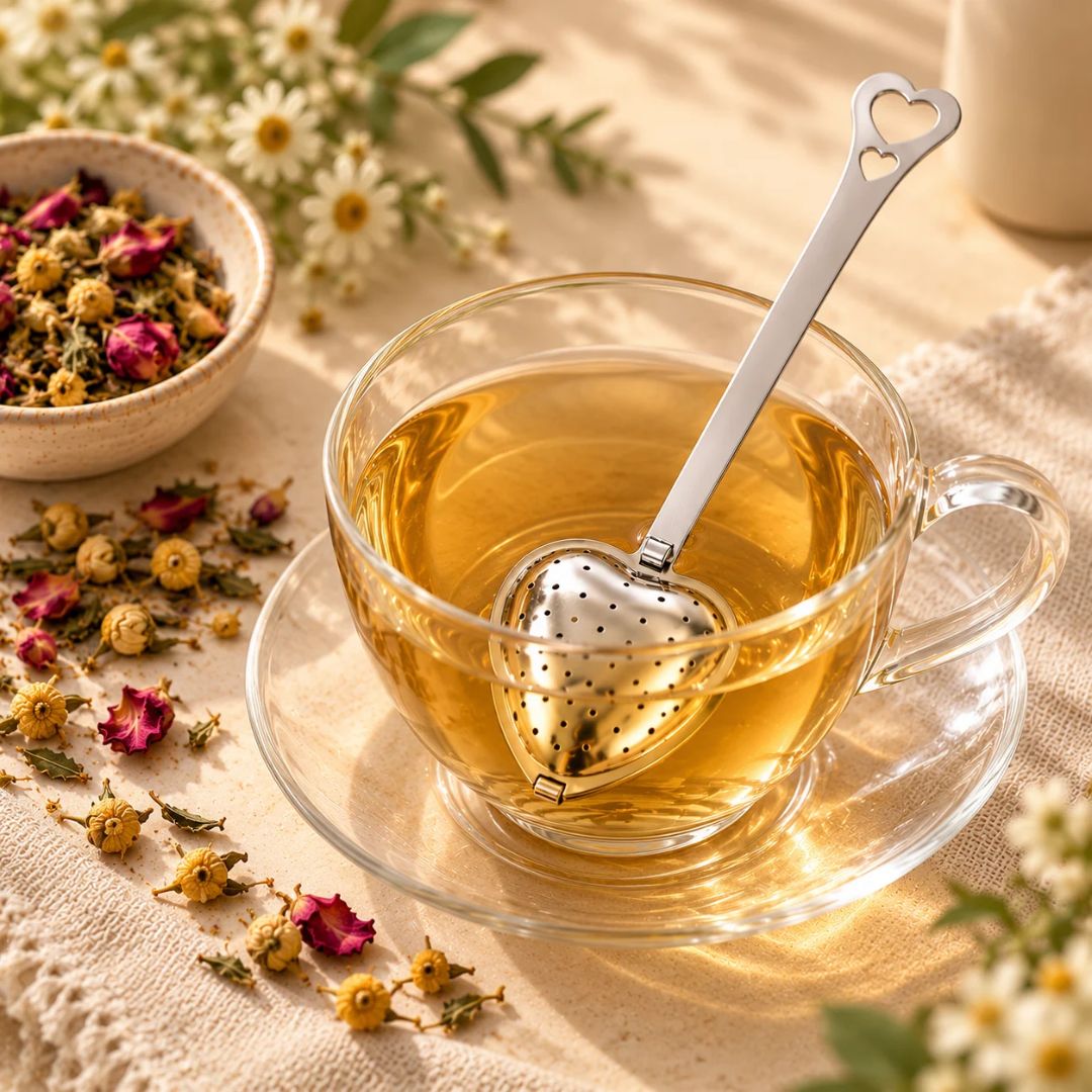 Reusable heart-shaped tea infuser beside a cup of herbal tea