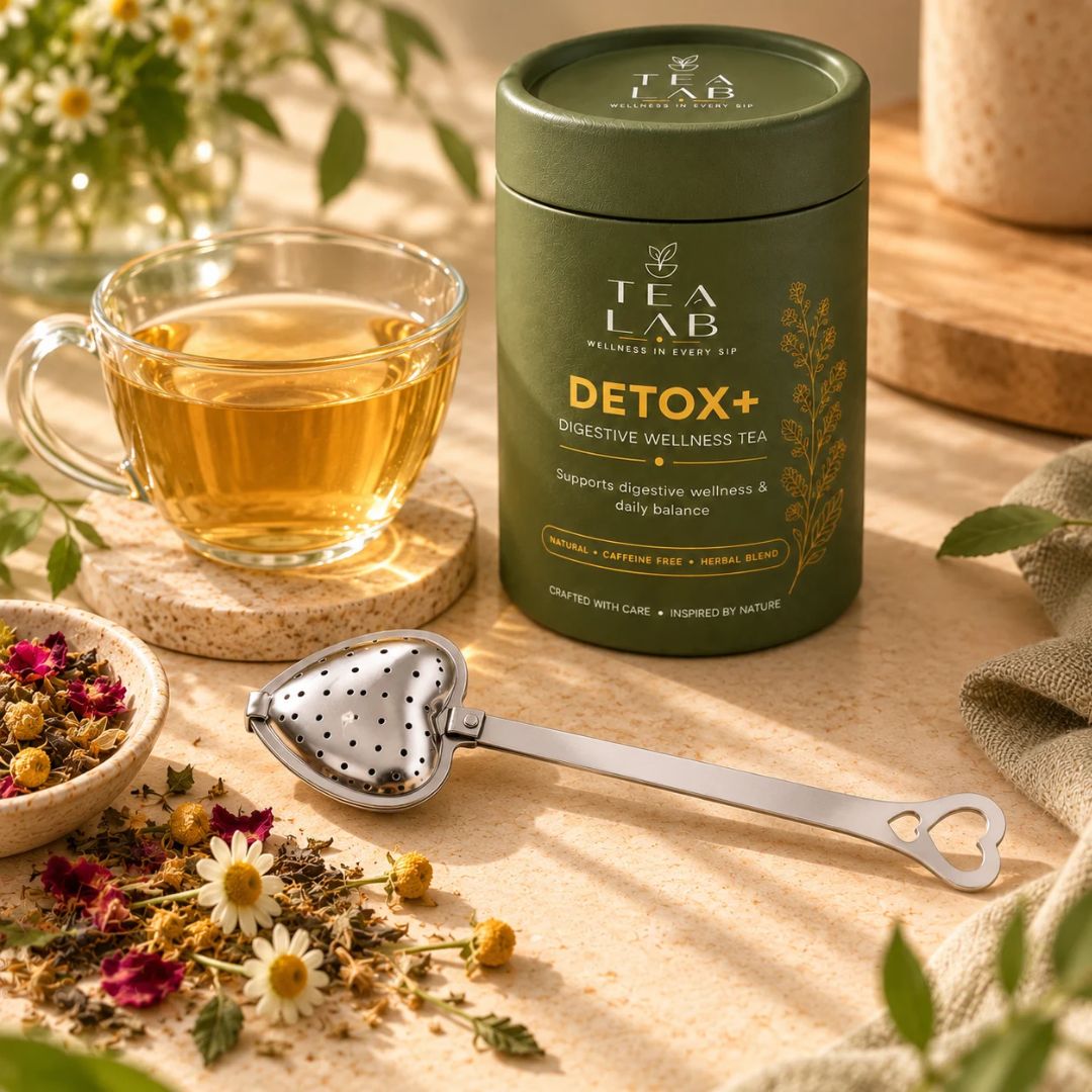 Stainless steel heart tea infuser filled with loose-leaf tea