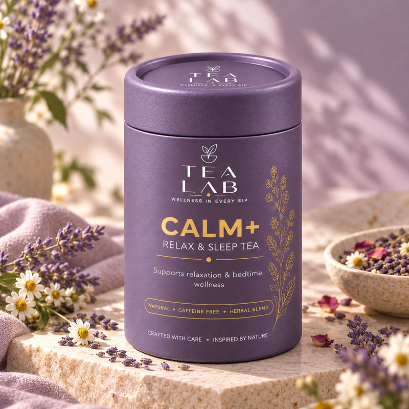 CALM+ relax and sleep herbal tea jar by Tea Lab Pakistan, front view