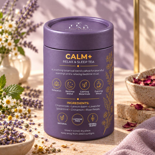 Back label of the CALM+ relax and sleep herbal tea jar