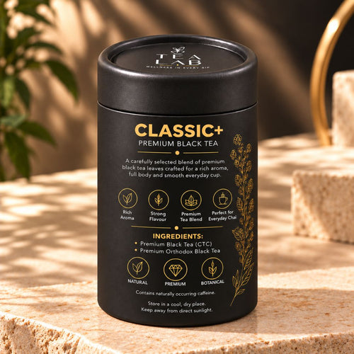Back label of the CLASSIC+ premium black tea jar with brewing instructions