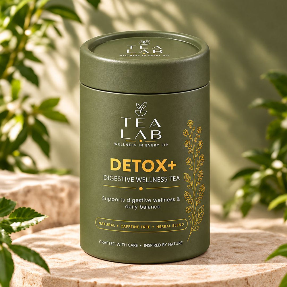 DETOX+ digestive wellness tea jar by Tea Lab Pakistan, front view