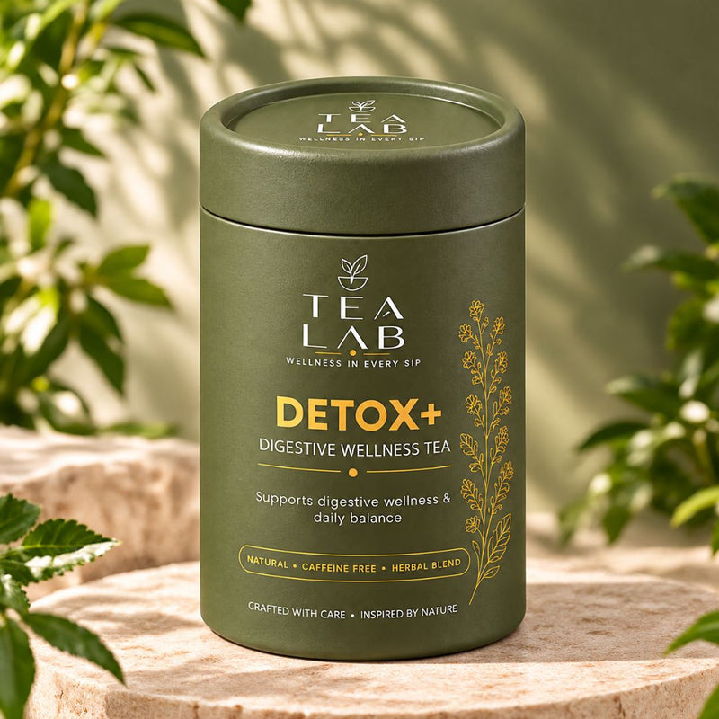 DETOX+ digestive wellness tea jar by Tea Lab Pakistan, front view
