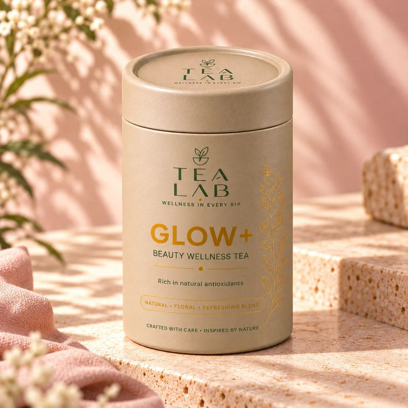 GLOW+ beauty tea jar by Tea Lab Pakistan, front view