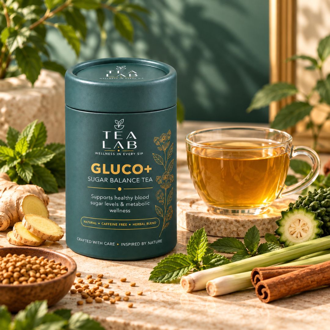 Cup of GLUCO+ botanical wellness tea as part of a mindful daily routine