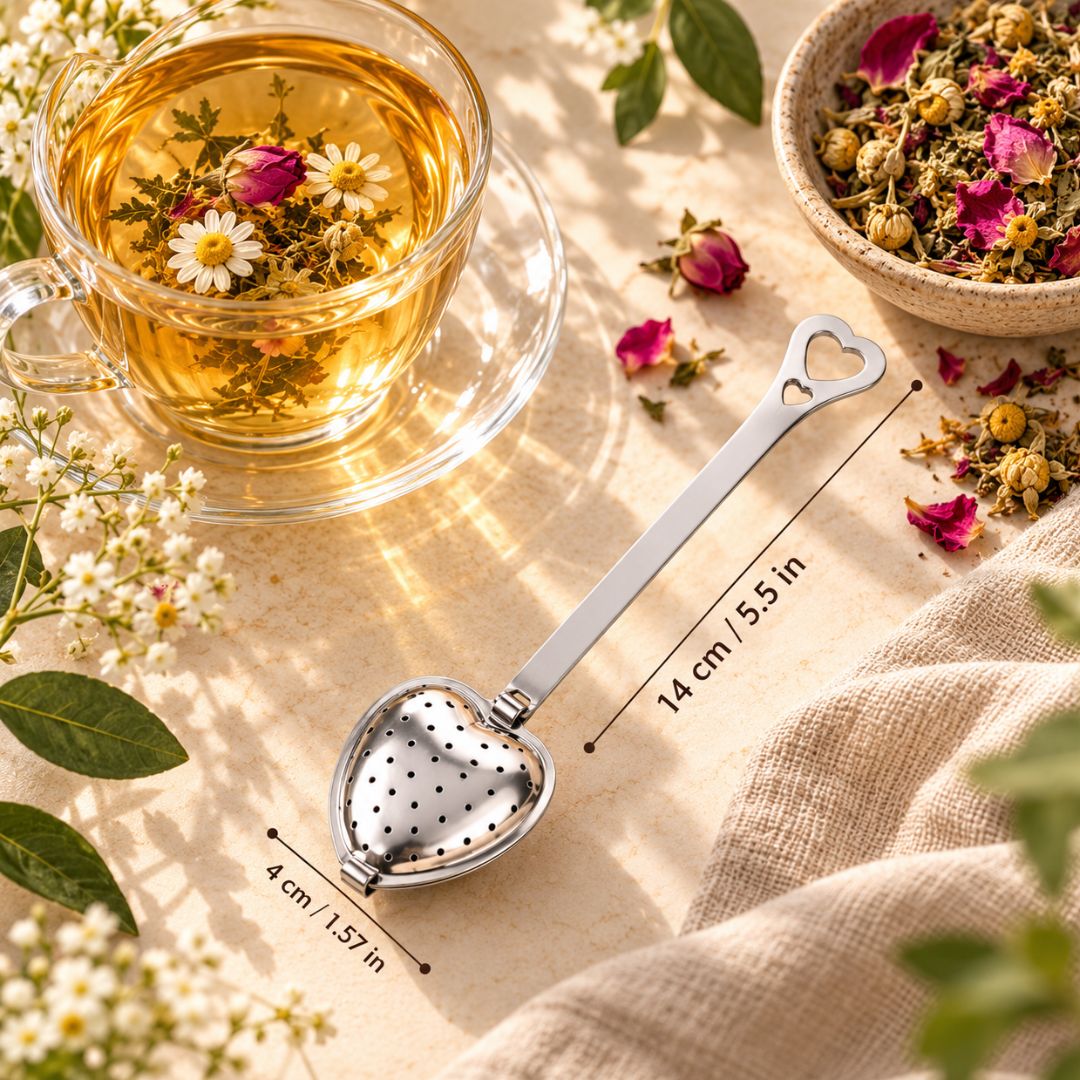 TEA LAB heart-shaped tea infuser styled with loose-leaf tea and botanicals