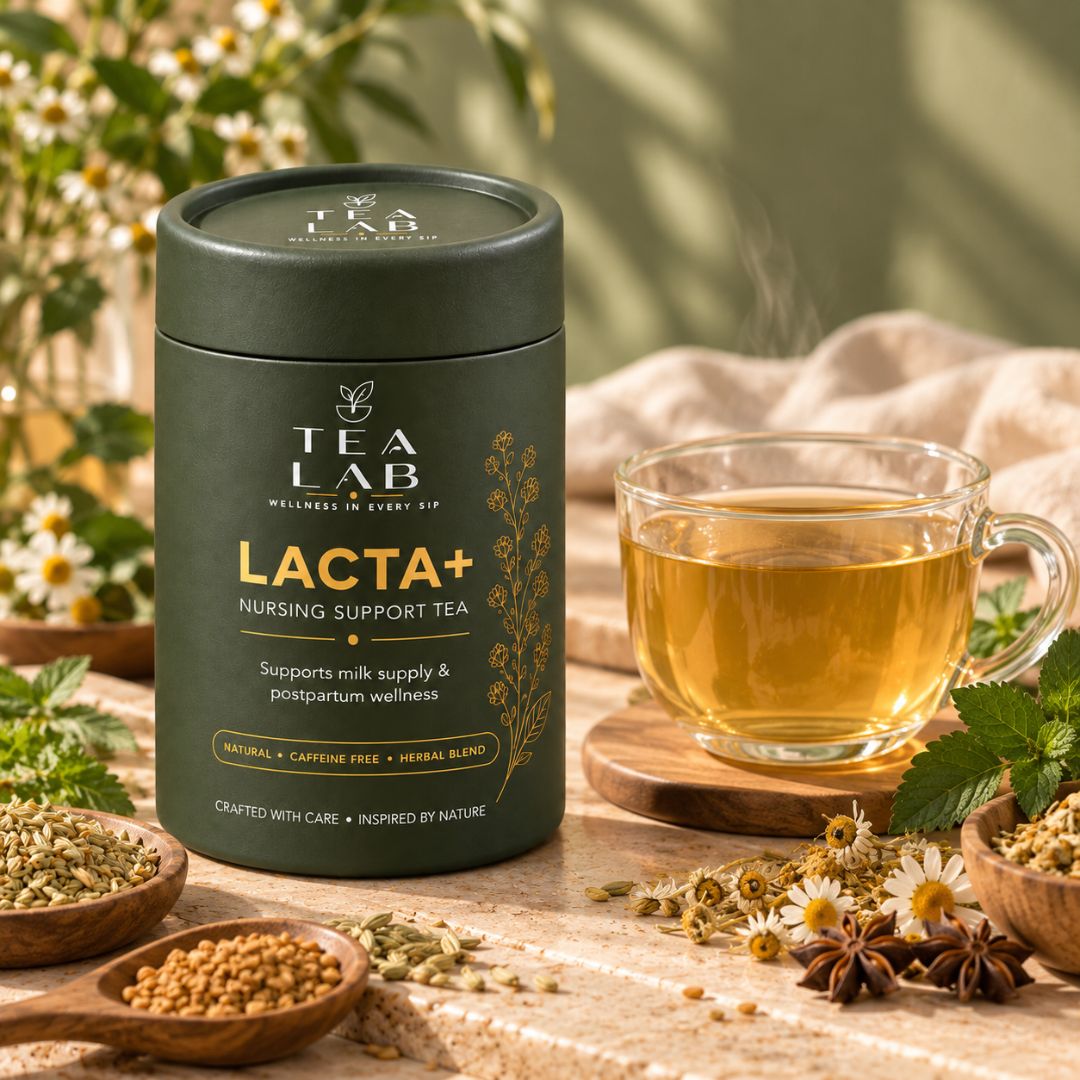 Cup of LACTA+ lactation herbal tea enjoyed during the nursing journey