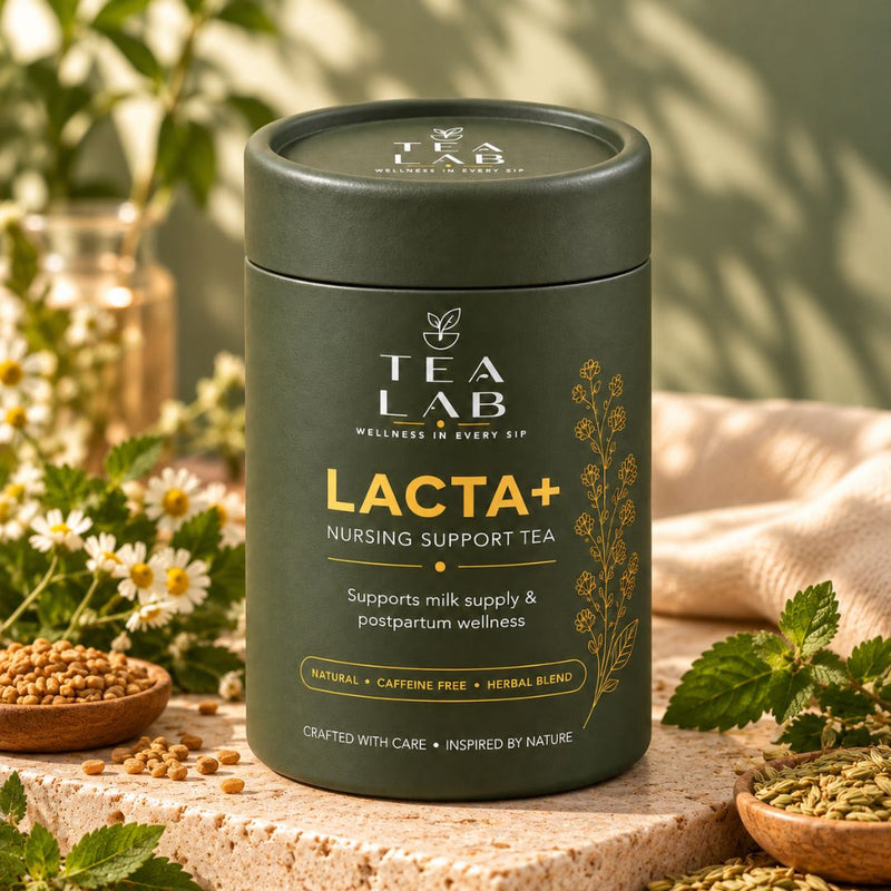 LACTA+ lactation tea jar by Tea Lab Pakistan, front view