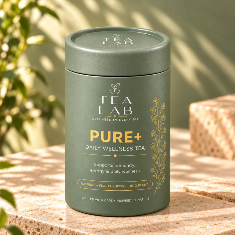 PURE+ premium green tea jar by Tea Lab Pakistan, front view